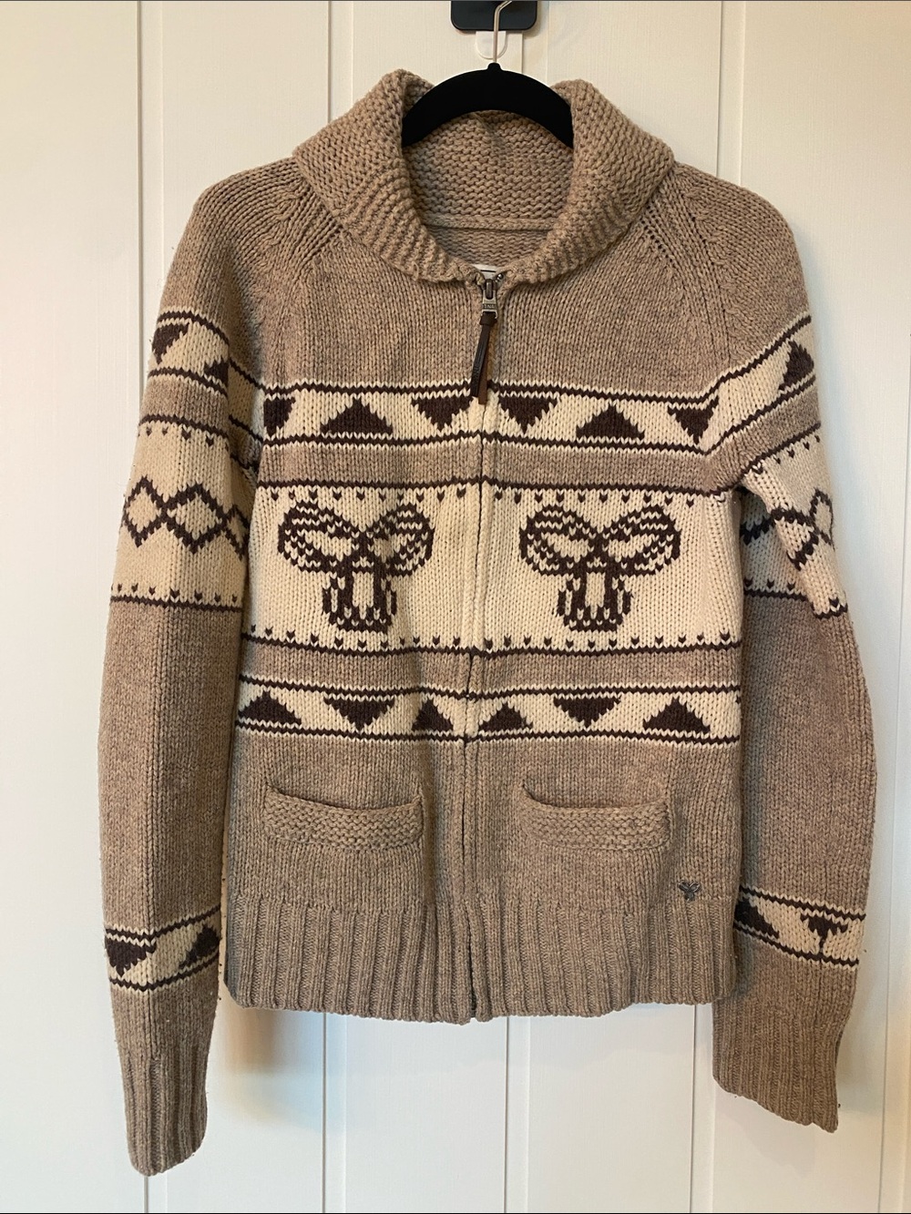 TNA Taupe and Cream Zip Front Shawl Collar Cardigan